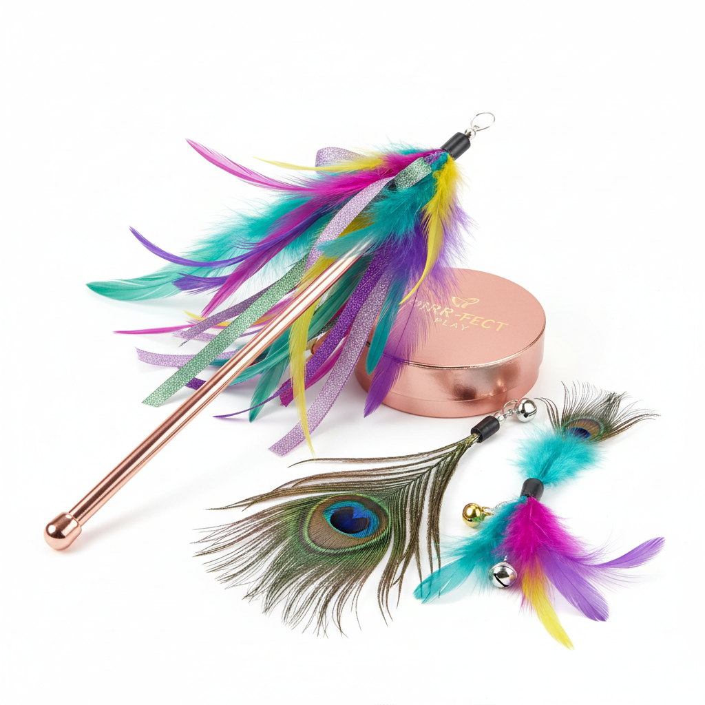 Interactive feather wand cat toy set with colorful feathers